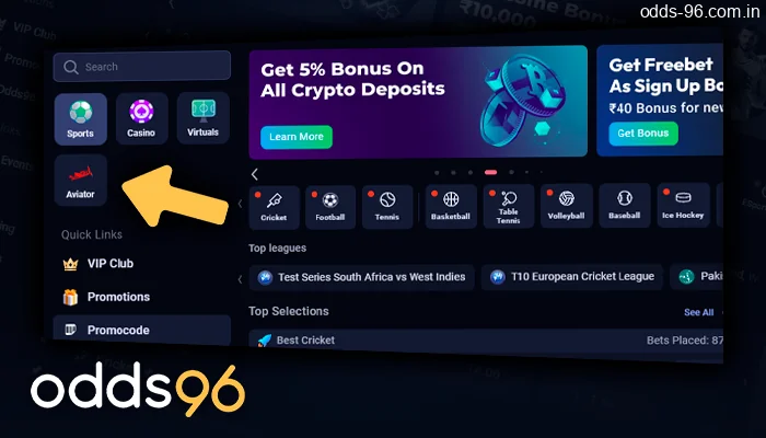 Selecting Aviator in the menu of Odds96