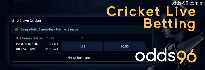 Cricket live betting section on Odds96 website