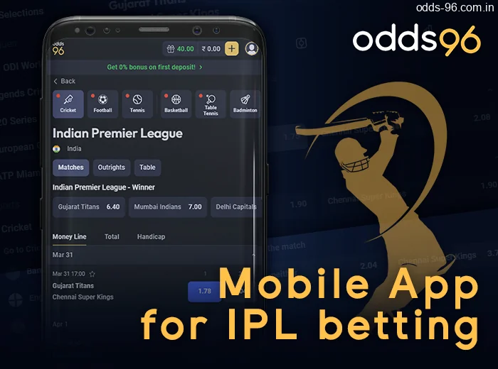 IPL tournament betting via mobile devices at Odds96 - download the betting app