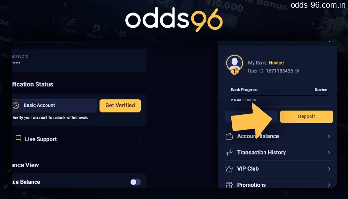 Deposit button on the Odds96 website