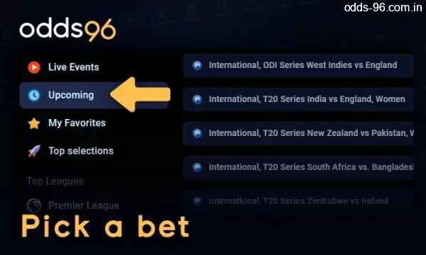 Choose live bet or pre-match on Odds96