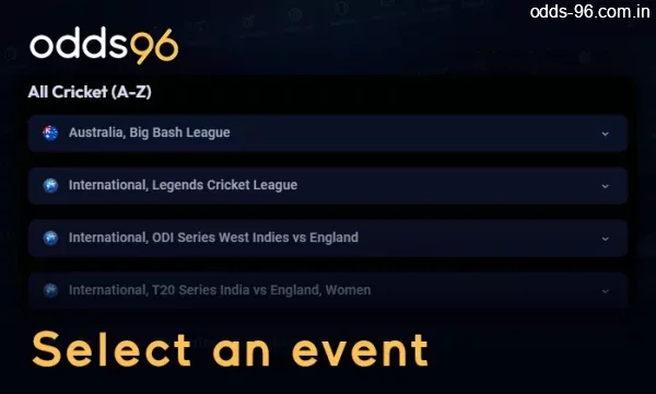 Select an event to bet on Odds96