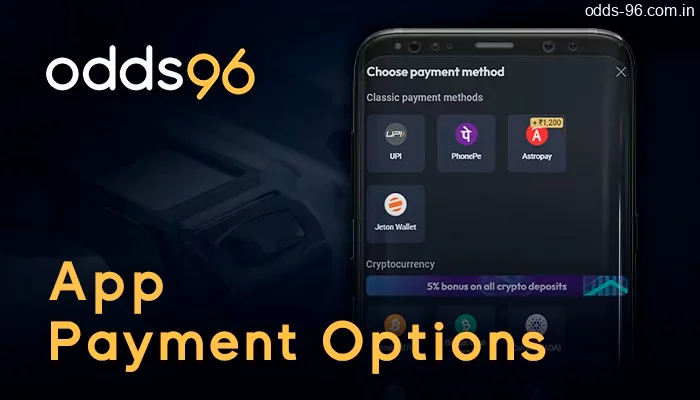 Payment options in Odds 96 app: Deposit, Withdrawal methods
